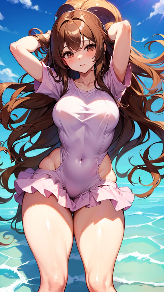 Anime girl, thick and , long curly brown hair with bangs, brown eyes, pastel coquette aesthetic
