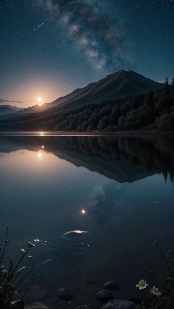 Por favor, generate images that capture the serenity and mystery of the early morning, reflecting the stillness and beauty of the night. Images must include elements such as a starry sky, the soft light of the moon, peaceful and natural landscapes, and perhaps a contemplative silhouette. Aesthetics should be calm and inspiring, complementing sentences that talk about gratitude, night reflections, and the work of the Creator.