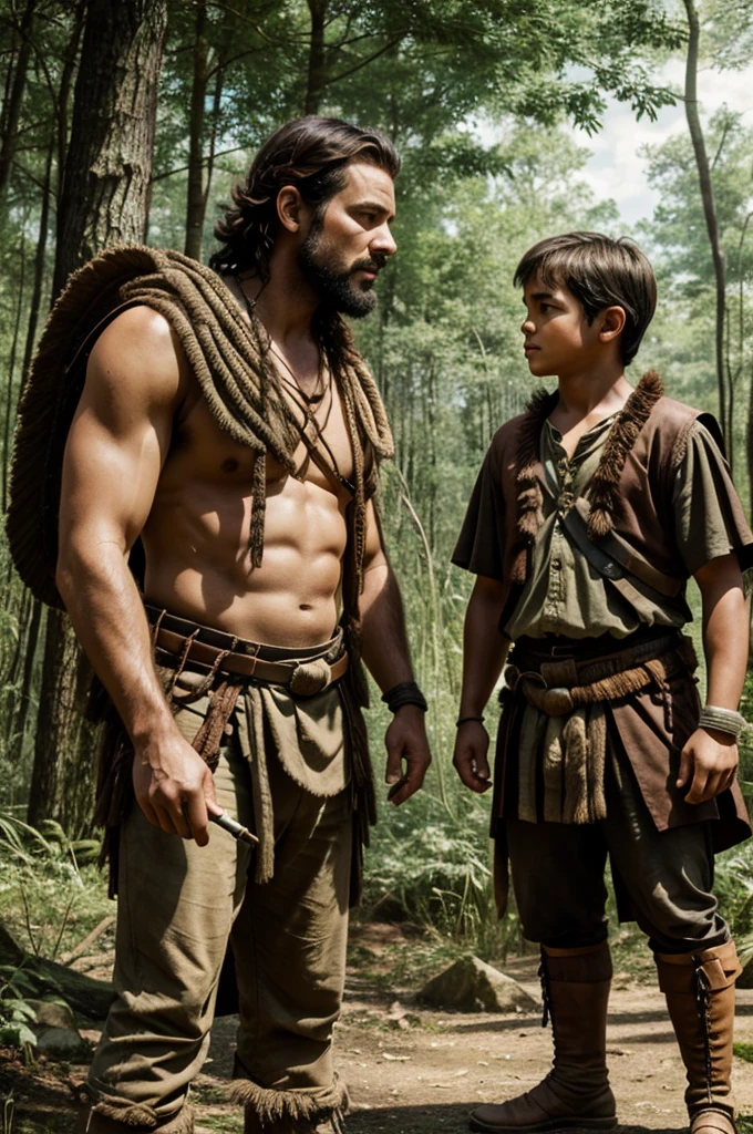 A man and a boy lost in prehistoric time