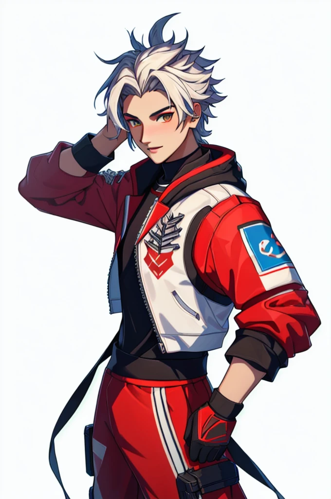 a close-up of a person wearing a red and white outfit, as a personagin fortnite, as a character in Tekken, personagin fortnite, sakimichan frank franzzeta, pele fortnite, a skin, cai xukun, fighting game character, videogame character, xqc, jett from valorant, Sakimichan, in fortnite, spiky skin
