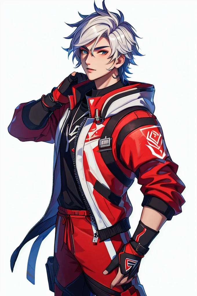 a close-up of a person wearing a red and white outfit, as a personagin fortnite, as a character in Tekken, personagin fortnite, sakimichan frank franzzeta, pele fortnite, a skin, cai xukun, fighting game character, videogame character, xqc, jett from valorant, Sakimichan, in fortnite, spiky skin
