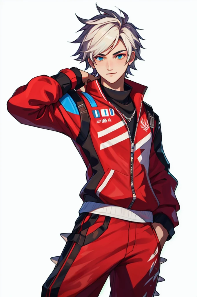 a close-up of a person wearing a red and white outfit, as a personagin fortnite, as a character in Tekken, personagin fortnite, sakimichan frank franzzeta, pele fortnite, a skin, cai xukun, fighting game character, videogame character, xqc, jett from valorant, Sakimichan, in fortnite, spiky skin