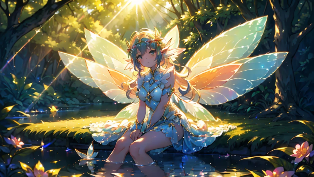 painting, Impressionism, Sitting by a fountain deep in the forest,Bask in the gentle sun, Feet of a girl immersed in water, Beautiful face and bright eyes. (Large fairy wings with sunlight effect:1.5) 。She was wearing a delicate lace dress. Fantastic deep forest lakeside decorated with flowers. Floral. Reflection. Bright colors. High image quality.