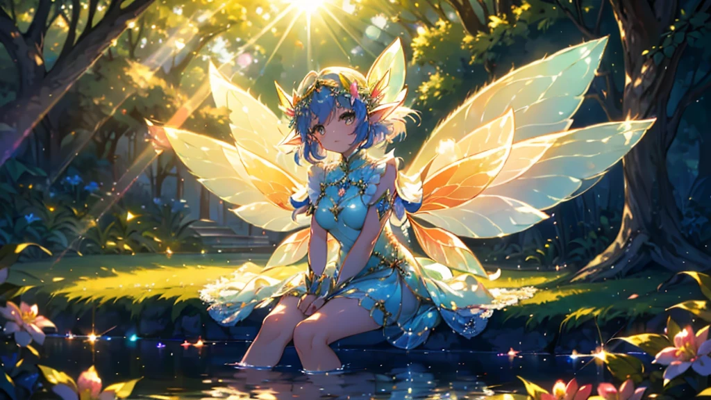 painting, Impressionism, Sitting by a fountain deep in the forest,Bask in the gentle sun, Feet of a girl immersed in water, Beautiful face and bright eyes. (Large fairy wings with sunlight effect:1.5) 。She was wearing a delicate lace dress. Fantastic deep forest lakeside decorated with flowers. Floral. Reflection. Bright colors. High image quality.