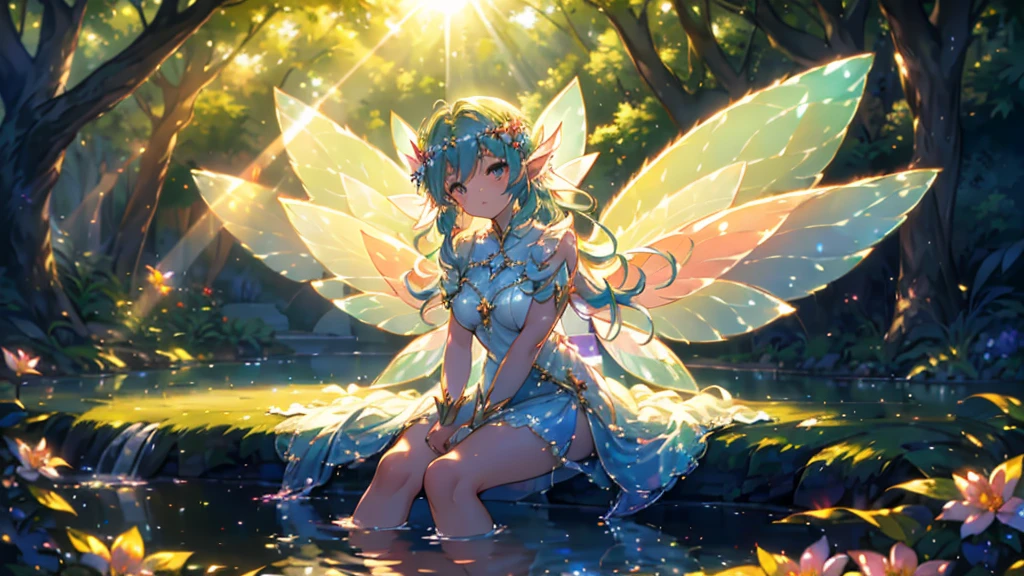 painting, Impressionism, Sitting by a fountain deep in the forest，Bask in the gentle sun, Feet of a girl immersed in water, Beautiful face and bright eyes. (Large fairy wings with sunlight effect:1.5) 。She was wearing a delicate lace dress. Fantastic deep forest lakeside decorated with flowers. Floral. Reflection. Bright colors. High image quality.