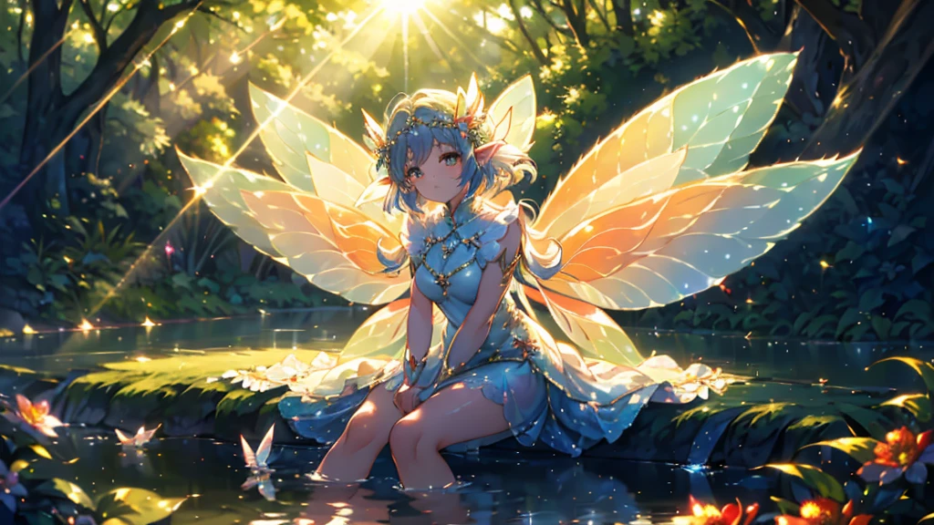 painting, Impressionism, Sitting by a fountain deep in the forest,Bask in the gentle sun, Feet of a girl immersed in water, Beautiful face and bright eyes. (Large fairy wings with sunlight effect:1.5) 。She was wearing a delicate lace dress. Fantastic deep forest lakeside decorated with flowers. Floral. Reflection. Bright colors. High image quality.