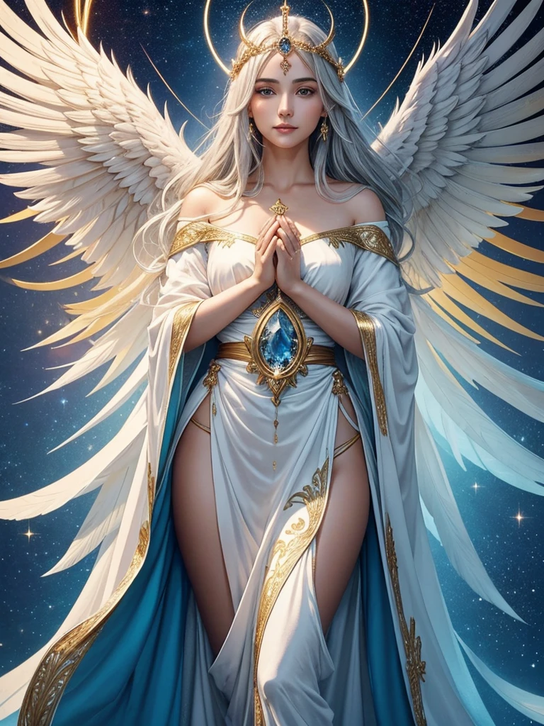 **Appearance of the Angel of the Holy Trinity**

- **muka:** Your face is of a serene and heavenly beauty, with delicate and symmetrical strokes. Your eyes sparkle with a golden light, radiating wisdom and compassion. Your lips show a calm smile, that conveys peace and comfort.
  
- **hairs:** Her long silver hair falls in soft waves, shining as if they were made of pure starlight. Sometimes, they seem to float lightly, as if under the influence of a heavenly breeze.

- **wings:** Your wings are wide and majestic, with immaculate feathers that appear to be made of luminous crystal. The wingtips have a celestial blue glow, remembering the colors of the sky at dawn.

- **tenue:** She wears a radiant robe of gold and white, adorned with intricate embroidery that narrates sacred stories and symbols of the Trinity. A band of blue light wraps around your waist, emitting a soft glow that flows like water.

- **Differential:** One of the most striking aspects of his appearance is the inverted triangle-shaped halo above his head.. Inside this triangle, there is a small sphere of pulsating light that symbolizes the constant presence of the Holy Spirit. Furthermore, your hands radiate a golden glow, as if they contained the power of creation and divine healing.

Every detail of her appearance exudes a tranquil majesty and unearthly beauty., reflecting its direct connection to the Holy Trinity.