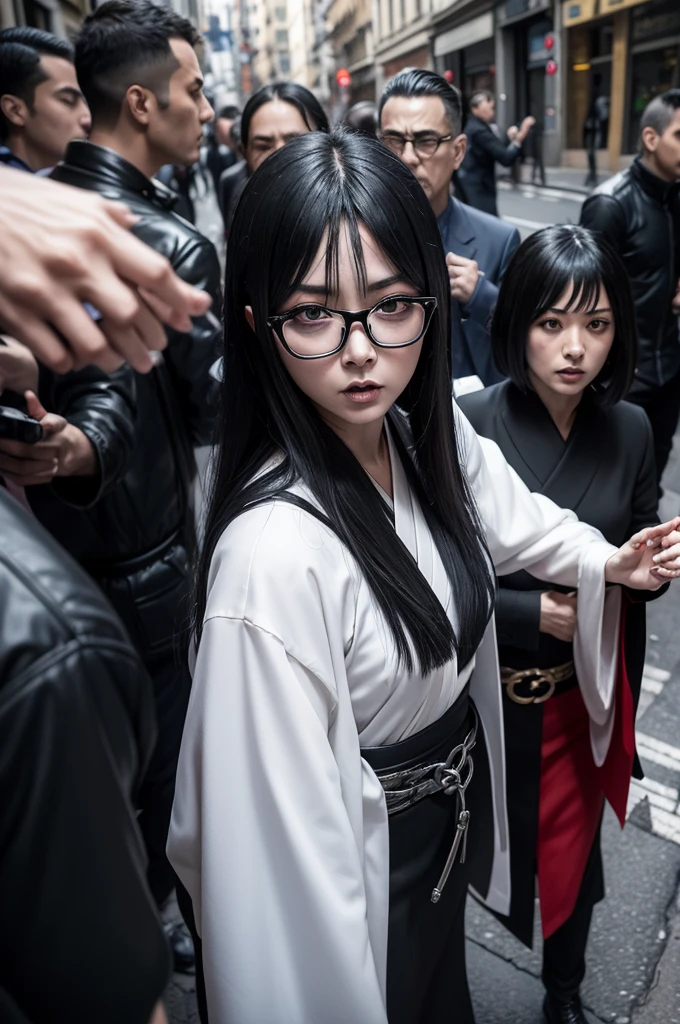 A24 film movie still, everything everywhere all at once, a scene in the bustling streets of Milan, Italy, where a TV news reporter from AC Milan News is reporting live on the chaotic arrest of emo edgy old witch cultist devil black rasputia ayuwoki sadako kayako toyoko jirai-kei evil junji ito kitsune geisha kabuki naruto sasuke runaway cosplayer professional cheater oneiromancer with glasses, blonde and white hair, dragon demon angel venom symbiote runaway rebel model, vampire energy drainer wearing colorful vibrant kimono, holding a hammer, handcuffed and arrested in the streets by the Swat Karma Police. The camera captures the drama and action as the officers struggles to restrain the gothic woman, surrounded by curious onlookers of Milan's streets, Mario Giacomelli's realistic contemporary street photography style.