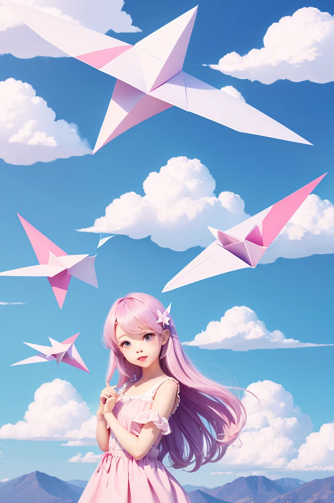 Paper plane illustration cute kawaii pink blue lilac clouds