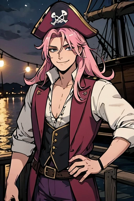 A handsome pink haired man with violet eyes with long hair in a pirate's uniform is smiling on a dock in a pirate city at night with a big smile