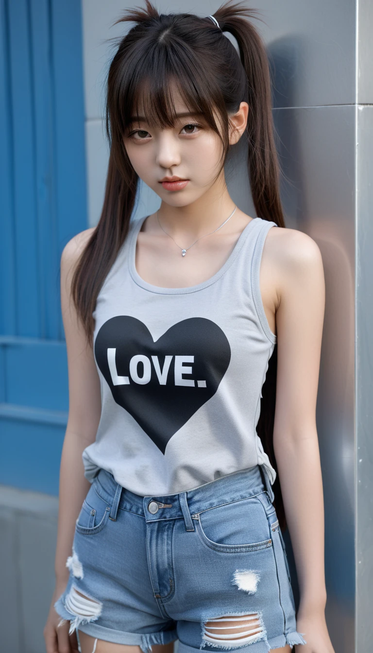 High_resolution, highly_detailed, realistic photograph, 1girl, young shy korean girl, detailed_face, 170cm tall, model photoshoot, realisitic, singlet, ripped_jeans, closed_mouth, long straight hair (silver), hairstyle_front bangs with ponytailed, cool vibes,showing_love sign, real world location, 3d background,realhands, perfect body proportion, slim figure,1 girl, normal arms_length, normal_neck, small beast size