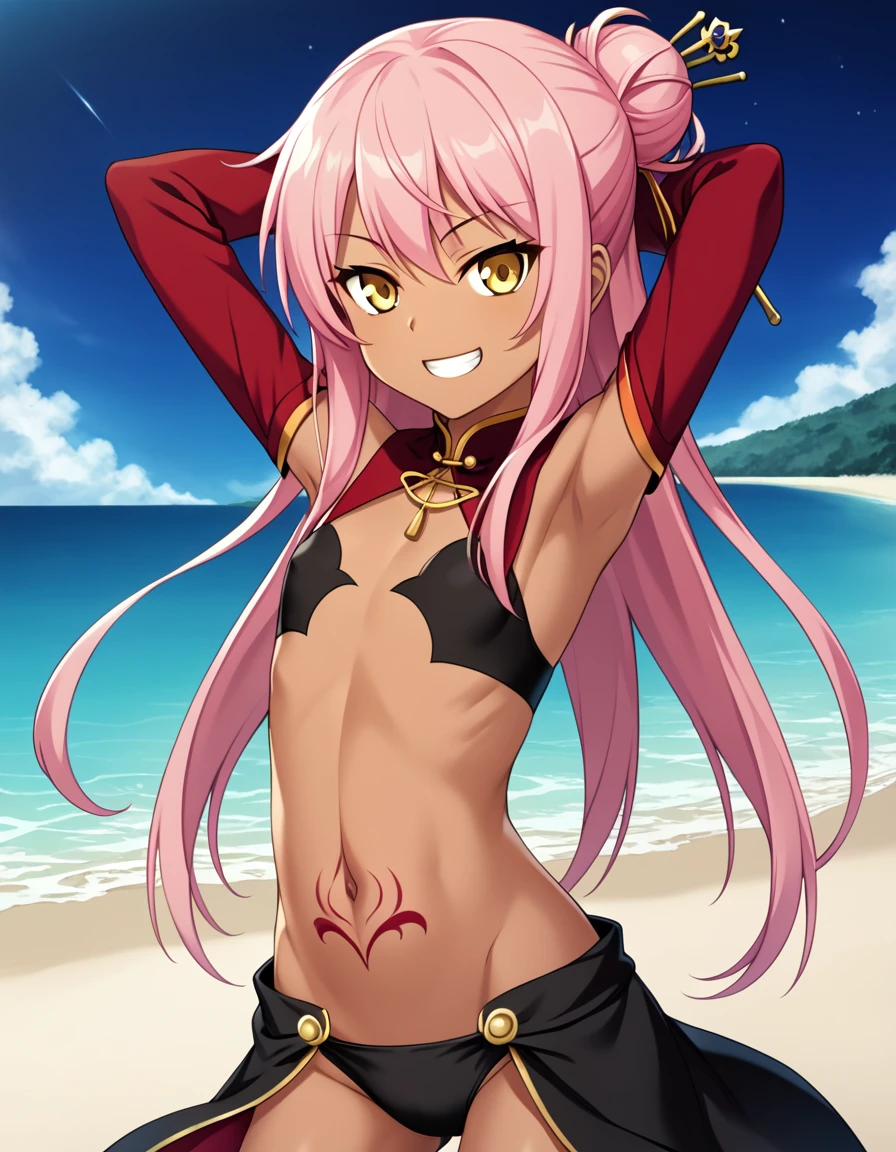 chloebase, pink hair, long hair, hair bun, hairpin, yellow eyes, dark skin, dark-skinned female, long sleeves, stomach tattoo, midriff, waist cape, 1girl, solo, younger, flat ,
high quality, solo, night sky, beach, arms behind head, contrapposto, closed mouth, spread armpits, (cowboy shot:1.5), looking at viewer, grin, best quality, game cg, anime screencap, official art, masterpiece, best quality
