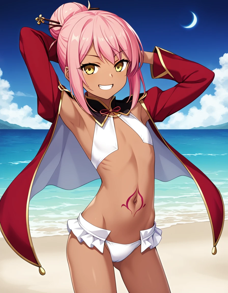 chloebase, pink hair, long hair, hair bun, hairpin, yellow eyes, dark skin, dark-skinned female, long sleeves, stomach tattoo, midriff, waist cape, 1girl, solo, younger, flat ,
high quality, solo, night sky, beach, arms behind head, contrapposto, closed mouth, spread armpits, (cowboy shot:1.5), looking at viewer, grin, best quality, game cg, anime screencap, official art, masterpiece, best quality
