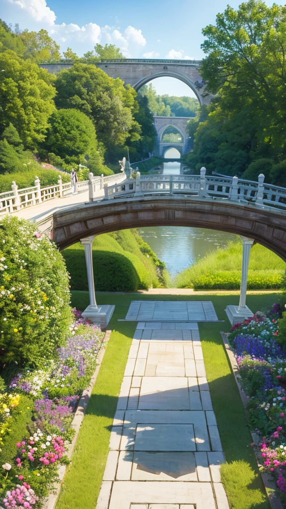Ultra detail, realistic, masterpiece, high resolution, Soft morning light. Focus the party garden on the bridge. Bridge china. the garden is inside the bridge. The flower garden is on the bridge. Peacefull