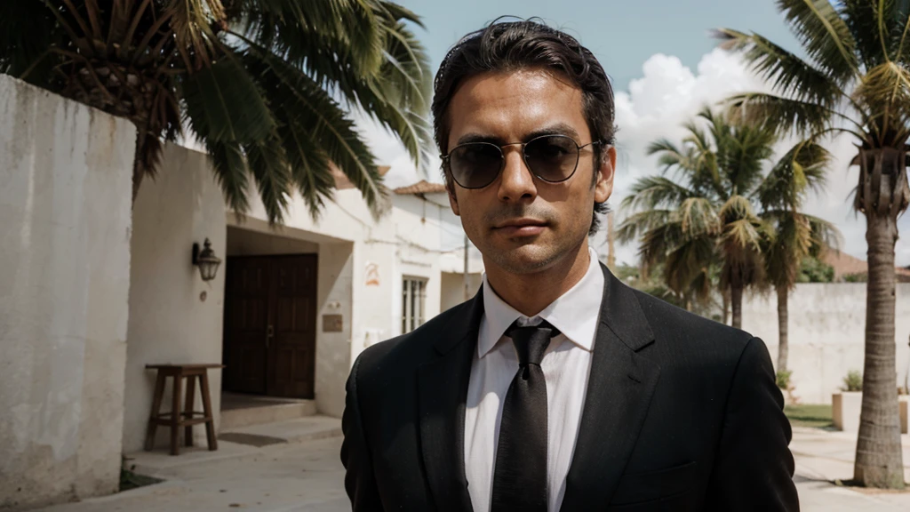 Make an old one, looking at the camera, background de uma mansão, wearing sunglasses, Black Suit, sunglasses, Rico