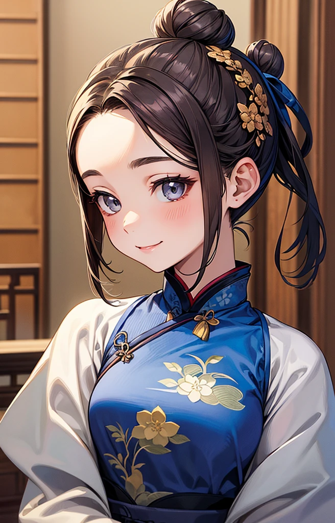 Highest quality、Realistic、Japanese、girl、zoom、cute、Grey Eyes、Hair Bun、Chestnut Hair、Back to all、the forehead is protruding、Blue Chinese Dress、Looking down、Big smile、Bust Shot、thin、Small breasts