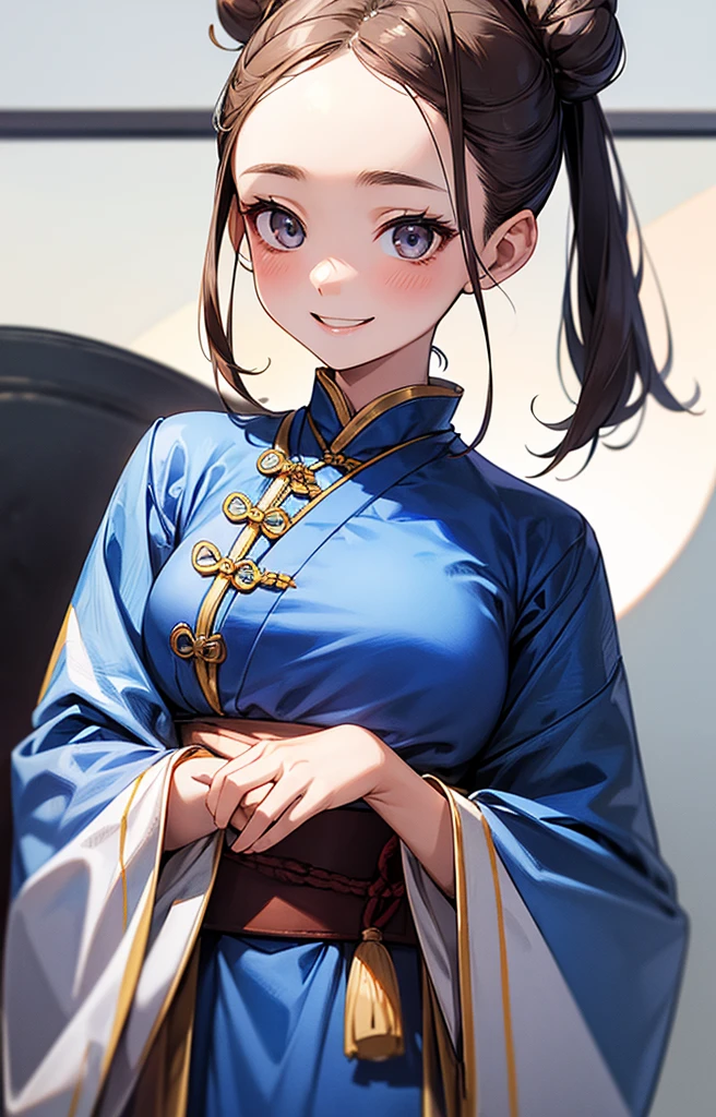 Highest quality、Realistic、Japanese、girl、zoom、cute、Grey Eyes、Hair Bun、Chestnut Hair、Back to all、the forehead is protruding、Blue Chinese Dress、Looking down、Big smile、Bust Shot、thin、Small breasts