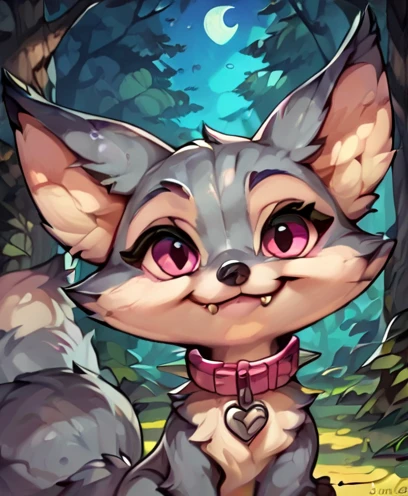 score_9, score_8_up, score_7_up, score_6_up, rating safe, source furry, vulpera, female, solo, cute expression, multicolored body, black nose, cute fangs, pink eyes, spiked collar, detailed background, forest, night, front view, grey fur