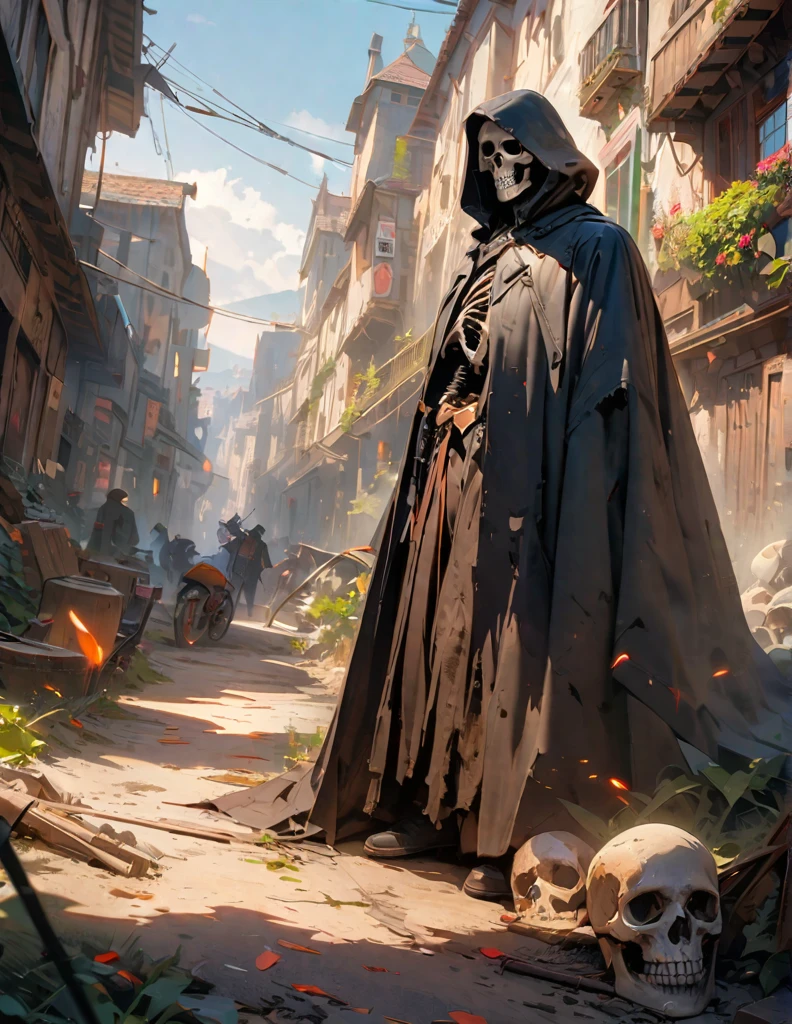 quality(8k wallpaper of extremely detailed CG unit, masterpiece, hight resolution, top-quality, top-quality ,hyper realisitic, digitial painting,increase the resolution,RAW photos,best qualtiy,highly detailed,the wallpaper),BREAK,8K, reaper, skeletons on ground, horror look,