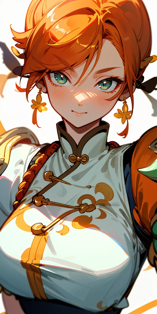 1 girl、one person、skinny body shape、orange clothes、orange hair、beautiful green eyes、intense joy on the face、white uniform with golden decorations、upper body close-up, style of Chun-li clothes