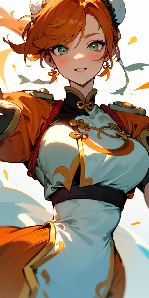 1 girl、one person、skinny body shape、orange clothes、orange hair、beautiful green eyes、intense joy on the face、white uniform with golden decorations、upper body close-up, style of Chun-li clothes