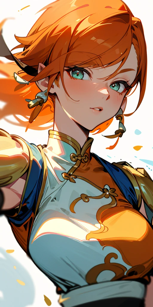 1 girl、one person、skinny body shape、orange clothes、orange hair、beautiful green eyes、intense joy on the face、white uniform with golden decorations、upper body close-up, style of Chun-li clothes