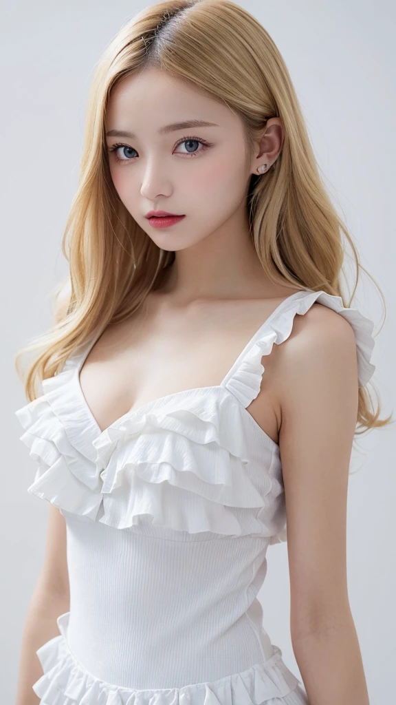 (((forehead、Blonde、Northern Europe、White people、beautiful girl、Blonde、White background、Frills、race、dress)))、table top, highest quality, figure, super detailed, finely, High resolution, 8k wallpaper, Perfect dynamic composition, detailed and beautiful eyes, Deco out,bionde, medium hair, super big breasts, Natural color lip,white background, random cute poses,frill dress