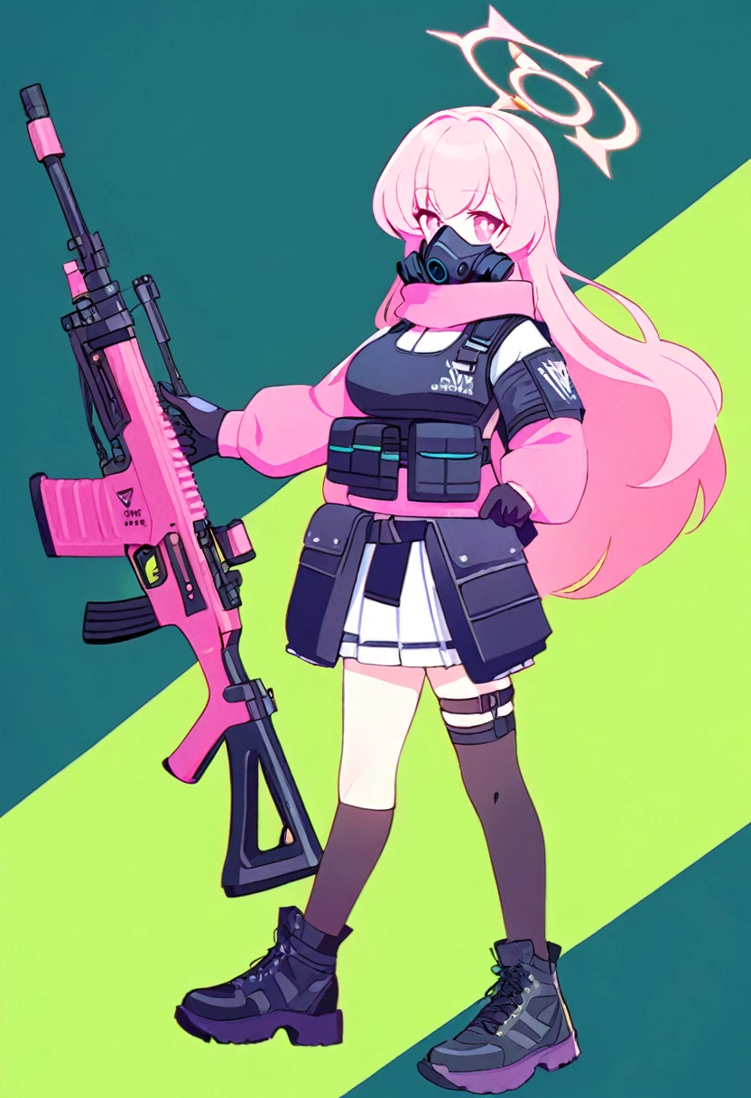 1 girl, pink long hair, large breast, Black swat vest, wear Black gloves, Wearing a gas mask, White skirt, pink sweater, pink pupils, holding a pink assault rifle, full body-view, blue archive style, green backgrounds.