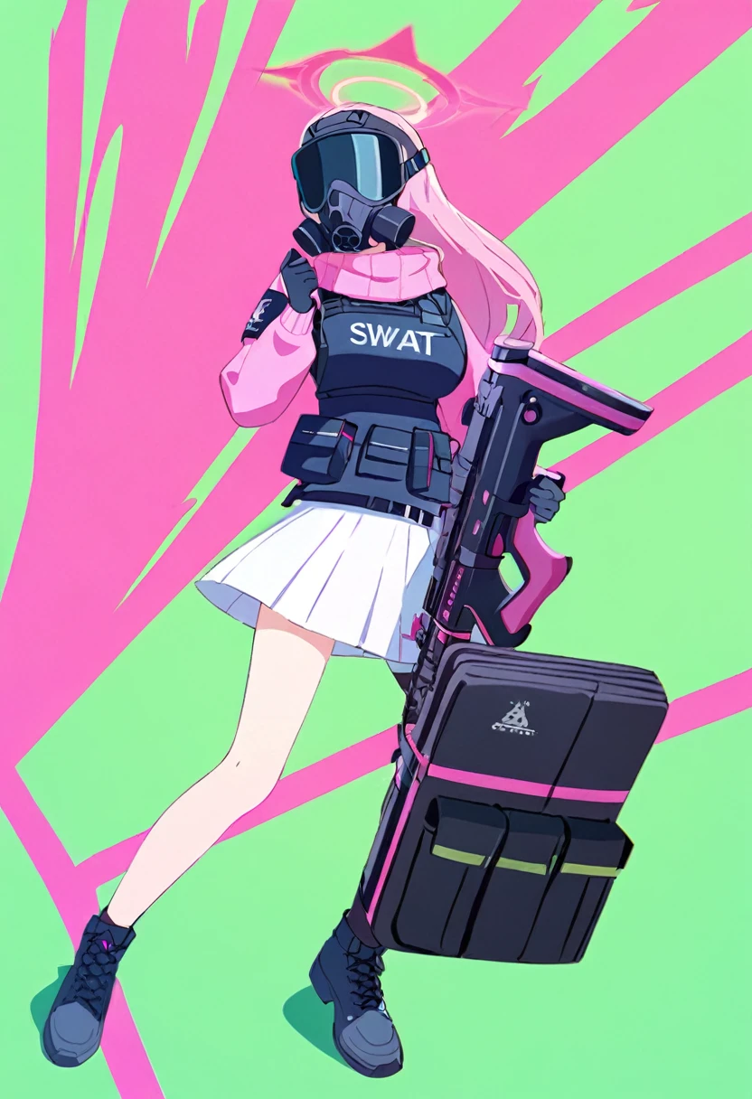 masterpiece, best quality, 1girl, solo, pink bodysuit, pink tactical plate carrier, holding pink submachine gun, pink tactical helmet, short blonde hair with pink highlights, squatting, 