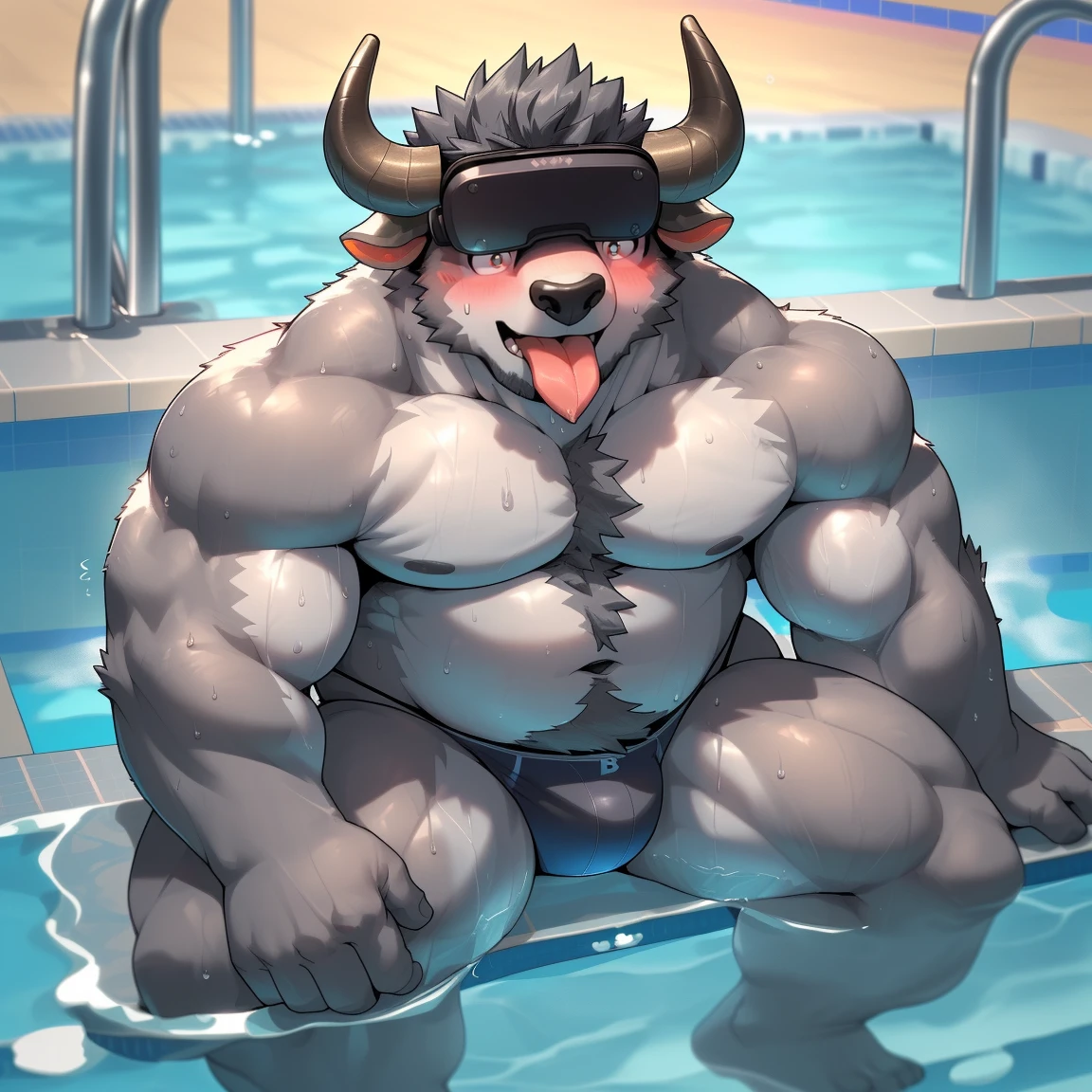 masterpiece, best quality, 8k resolution, Very detailed, hairy，(((buffalo))，(((Mature)))，(((Strong)))，(((Dark gray hair)))，portrait，(((Sitting in the pool)))，For the audience，Highest quality scene，(((whole body)))，(((Sweating)))，(((thong)))，(((Shirtless)))，((Fat-enclosed muscle))，(((Shameful)))，((Blushing))，(((Round face)))，(((alone)))，((VR glasses))，(((Strong body)))，(((Hip bulge))),(((Tongue out)))