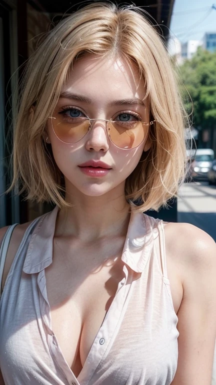 Create me a blonde woman with short blonde hair, lightbrown eyes, 25 years old, serious and attractive, who works as an executive, she has full attractive lips with a soft light pink lipstick, and has sunglasses hanging from his shirt in front