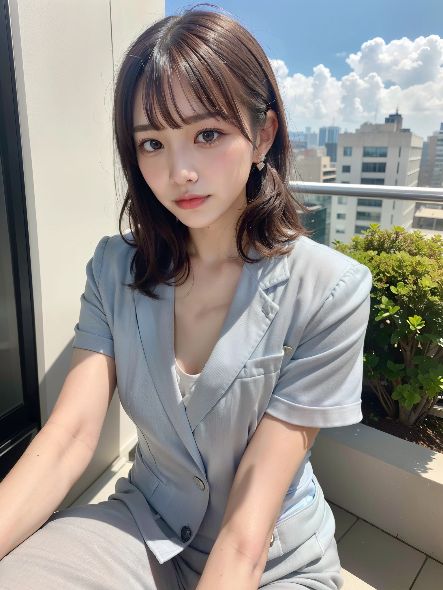 ((Best of the highest quality, 8k, Masterpiece, raw photo: 1.3)), Sharp focus: 1.2, (1 AESPA, slim body type female, 21 y/o: 1.1), (Solo: 1.2), (realistic, photo-realistic:1.37), face focus, cute face, finely eyes, (droopy eyes: 1.32), (Emphasize prominent aegyo-sal with bright: 1.2), shimmering eyeshadow applied under the lower lash line, paired with thick, (small breasts, flat chest: 1.3), (short messy hair, bangs, updo: 1.2), (business suit: 1.28), sitting terrace office, sun light, flower,