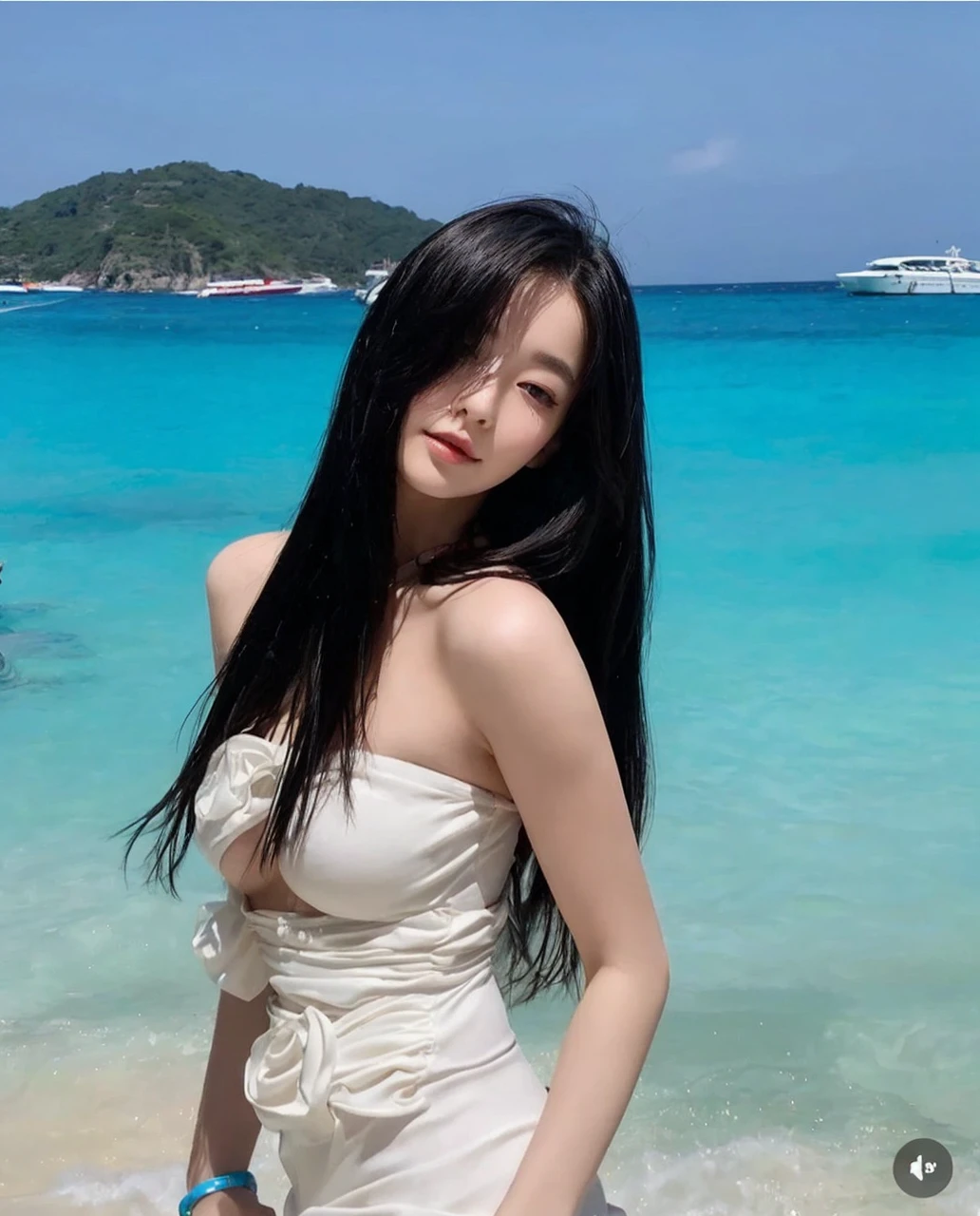 a beautiful young woman, 18 years old, long black hair, voluptuous figure, cleavage, beautiful detailed eyes, nose, and lips, coolly smirking at the camera, masterpiece, 8K, ultra-detailed, hyper-realistic, elegant, glamorous, alluring, charming, captivating gaze, natural makeup, cute, adorable