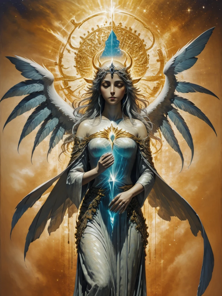 **Appearance of the Angel of the Holy Trinity**
- **muka:** Your face is of a serene and heavenly beauty, with delicate and symmetrical strokes. Your eyes sparkle with a golden light, radiating wisdom and compassion. Your lips show a calm smile, that conveys peace and comfort.
- **hairs:** Her long silver hair falls in soft waves, shining as if they were made of pure starlight. Sometimes, they seem to float lightly, as if under the influence of a heavenly breeze.
- **wings:** Your wings are wide and majestic, with immaculate feathers that appear to be made of luminous crystal. The wingtips have a celestial blue glow, remembering the colors of the sky at dawn.
- **tenue:** She wears a radiant robe of gold and white, adorned with intricate embroidery that narrates sacred stories and symbols of the Trinity. A band of blue light wraps around your waist, emitting a soft glow that flows like water.
- **Differential:** One of the most striking aspects of his appearance is the inverted triangle-shaped halo above his head.. Inside this triangle, there is a small sphere of pulsating light that symbolizes the constant presence of the Holy Spirit. Furthermore, your hands radiate a golden glow, as if they contained the power of creation and divine healing.
Every detail of her appearance exudes a tranquil majesty and unearthly beauty., reflecting its direct connection to the Holy Trinity.