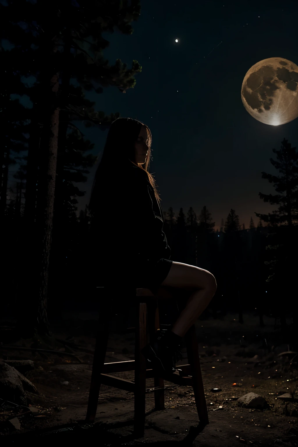 positive outlook，pine forests，dark environment，the night，the moon is empty，Creepy and scary with a person sitting on a stool