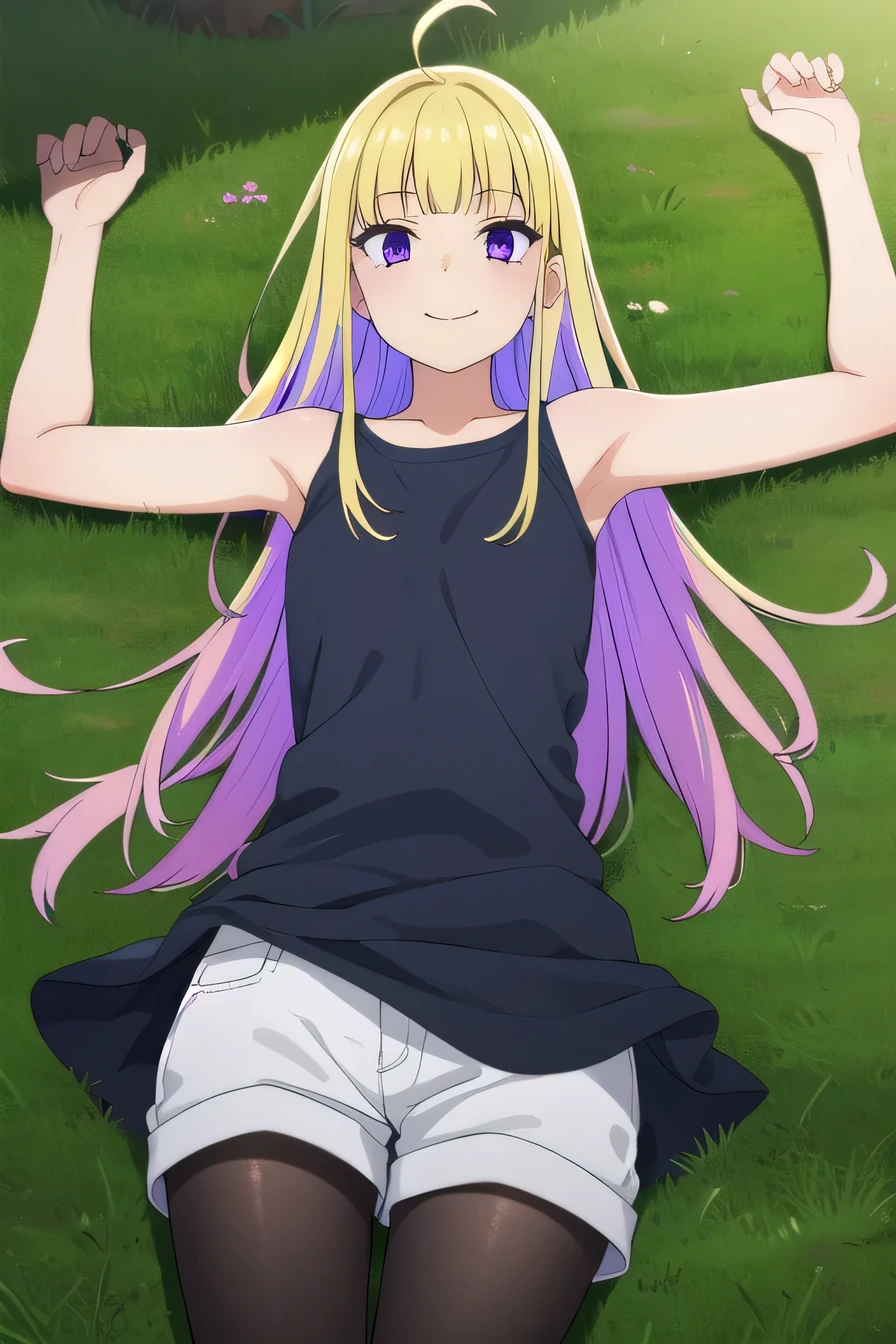reimiitsushiro, long hair, bangs, blonde hair, (purple eyes:1.1), purple hair, ahoge, multicolored hair, blunt bangs, two-tone hair, smile,
BREAK black shorts, white undershirt , pantyhose, sleeveless, high quality, solo, lying, on back, arms up, spread arms, closed mouth, on grass, (cowboy shot:1.5), looking at viewer, smile, best quality
BREAK (masterpiece:1.2), best quality, high resolution, unity 8k wallpaper, (illustration:0.8), (beautiful detailed eyes:1.6), extremely detailed face, perfect lighting, extremely detailed CG, (perfect hands, perfect ???????),