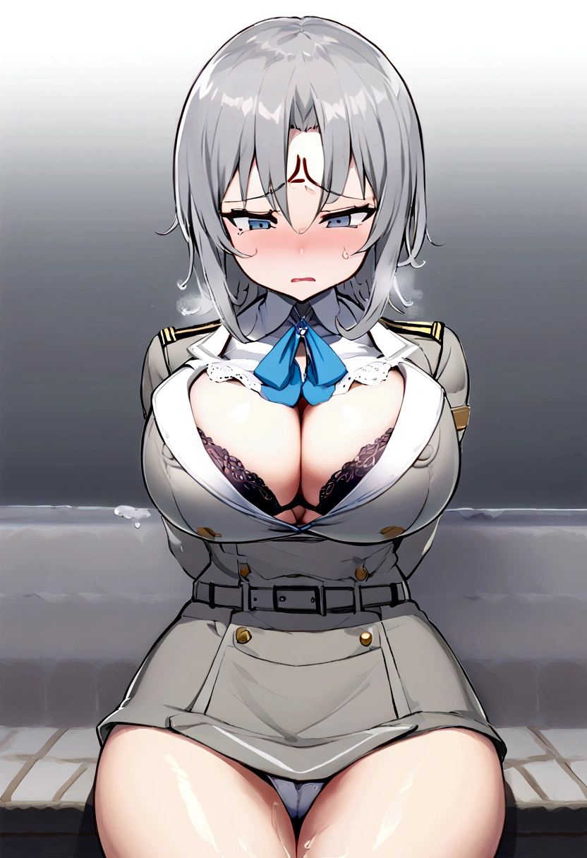 Gray Hair,Snow Spring,uniform,Big Breasts,Unbuttoned,bra,M-shaped legs,Open Eyes,Worried brow,anger
