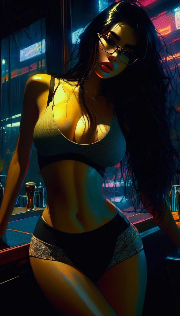 a very sexy girl, long black hair, glasses,  and very tight tank top, pronounced , small breasts,  look, beer, large window with views of the night, stars, moon, hyper-detailed, 8k, photorealistic, masterpiece, studio lighting, cinematic, dramatic lighting, intricate details, delicate features, moody atmosphere, neon-lit, neon lights, moody lighting, dark and dramatic, (art inspired in Bill Sienkiewicz). oil painting) 