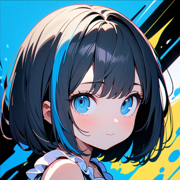 (8K,4K,best quality, master piece: 1.2), super high resolution,1 Beautiful woman,solo,16yo,ultra-detailed face, detailed eyes,blue eyes,mascara,blue eyes,:>,white frilled camisole,(black hair, blue streaked hair),bob cut,looking at viewer,ポートレート,blue splash background