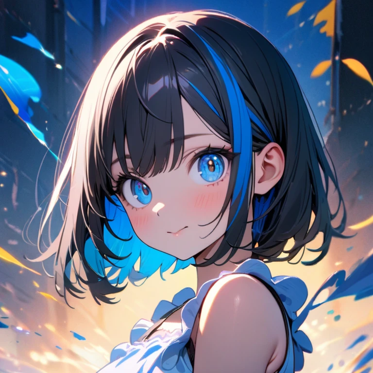 (8K,4K,best quality, master piece: 1.2), super high resolution,1 Beautiful woman,solo,yo,ultra-detailed face, detailed eyes,blue eyes,mascara,blue eyes,:>,white frilled camisole,(black hair, blue streaked hair),bob cut,looking at viewer,ポートレート,blue splash background