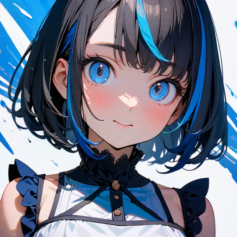 (8K,4K,best quality, master piece: 1.2), super high resolution,1 Beautiful woman,solo,16yo,ultra-detailed face, detailed eyes,blue eyes,mascara,blue eyes,:>,white frilled camisole,(black hair, blue streaked hair),bob cut,looking at viewer,ポートレート,blue splash background