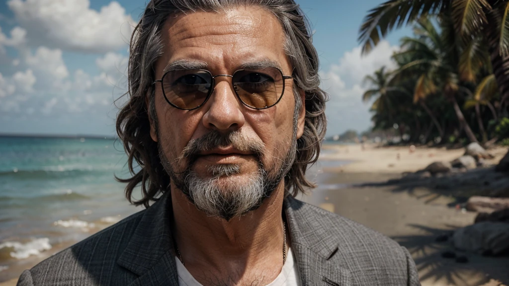 MAKE AN OLD MAN, with beard, hair grey , looking at the camera, background de uma mansão, wearing sunglasses, Black Suit, sunglasses, Rico