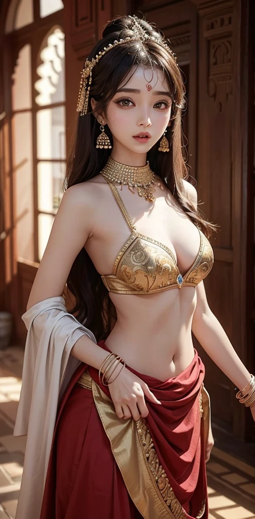 Une femme en sari posant pour une photo, Indian, traditional beauty, Indien, beautiful girl, red Ornate Cosplay, en tailleur, Super mannequin indien, Belle jeune fille, femme magnifique, Asie du Sud-Est avec Long, Indien provocateur, magnifique belle femme, Tenue complexe, Hindu aesthetics, belle fille asiatique, Extremely detailed shot of the girl, jaw dropping beauty, Big breasts deep neckline sexy navel