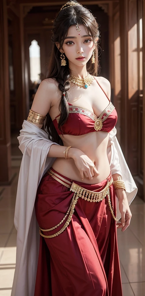 Une femme en sari posant pour une photo, Indian, traditional beauty, Indien, beautiful girl, red Ornate Cosplay, en tailleur, Super mannequin indien, Belle jeune fille, femme magnifique, Asie du Sud-Est avec Long, Indien provocateur, magnifique belle femme, Tenue complexe, Hindu aesthetics, belle fille asiatique, Extremely detailed shot of the girl, jaw dropping beauty, Big breasts deep neckline sexy navel