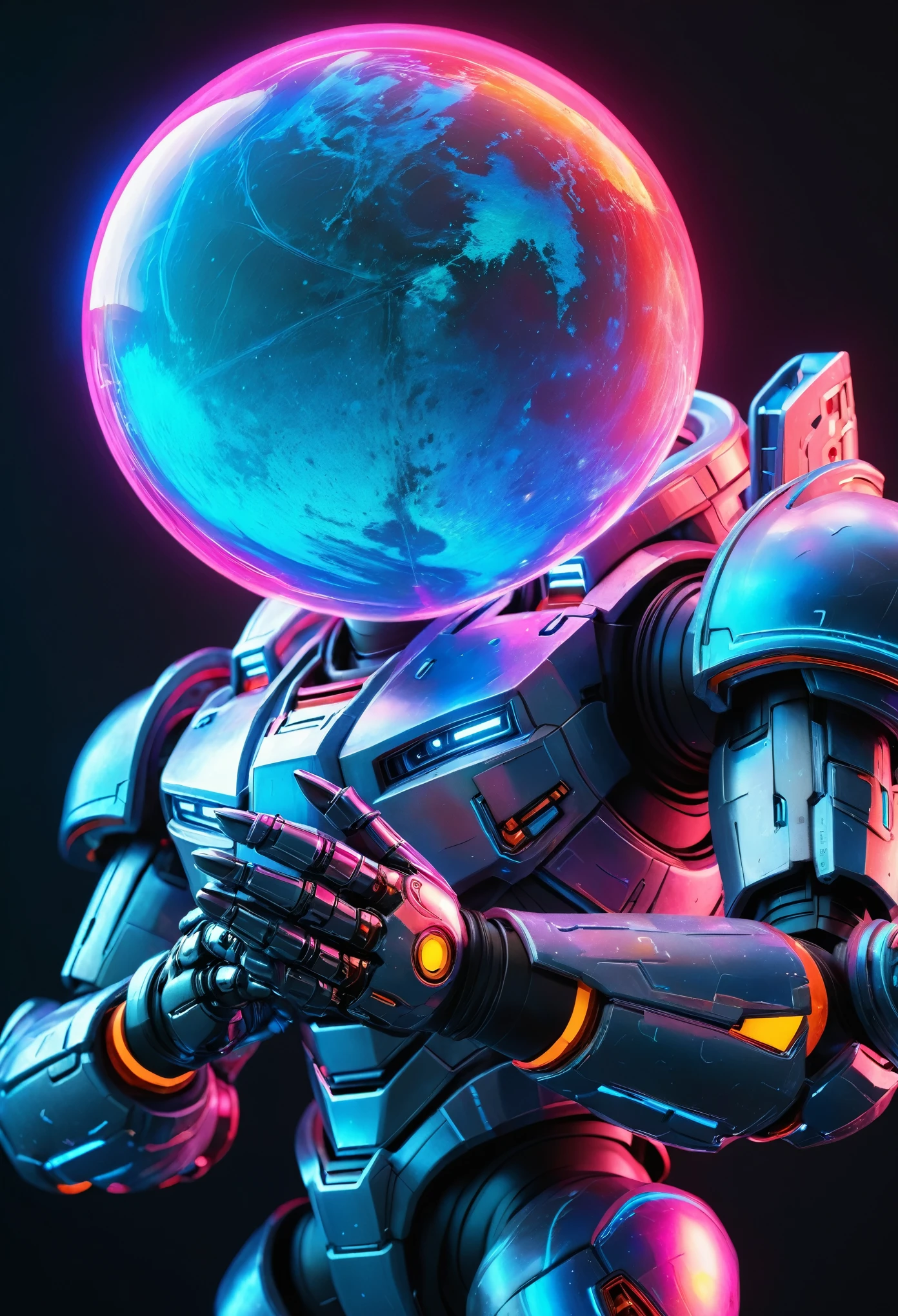 A mecha warrior holds a planet in his arms，close up，Glowing fluorescent feeling，Transparency，dream，Monet's color scheme，Texture Matte，high quality，High Definition,Rose red，blue，Neon light，black background，