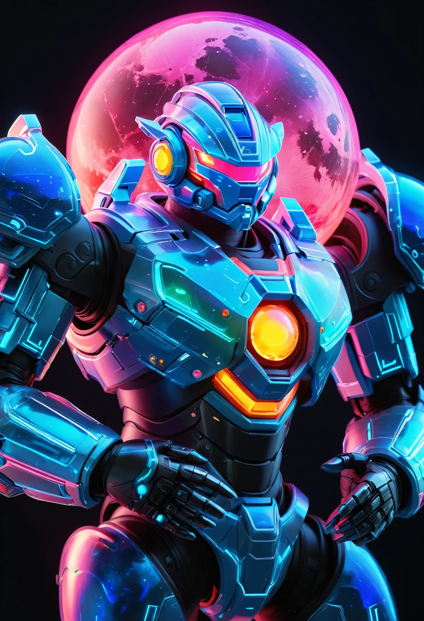A mecha warrior holds a planet in his arms,close up,Glowing fluorescent feeling,Transparency,dream,Monet's color scheme,Texture Matte,high quality,High Definition,Rose red,blue,Neon light,black background,