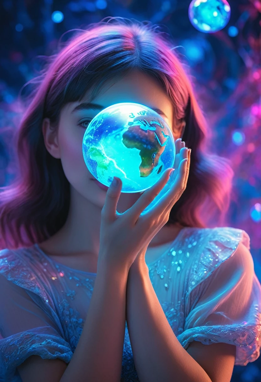 A girl holding a planet in her arms，close up，Glowing fluorescent feeling，Transparency，dream，Monet's color scheme，Texture Matte，high quality，High Definition，Rose red，blue，Neon light，Space Background