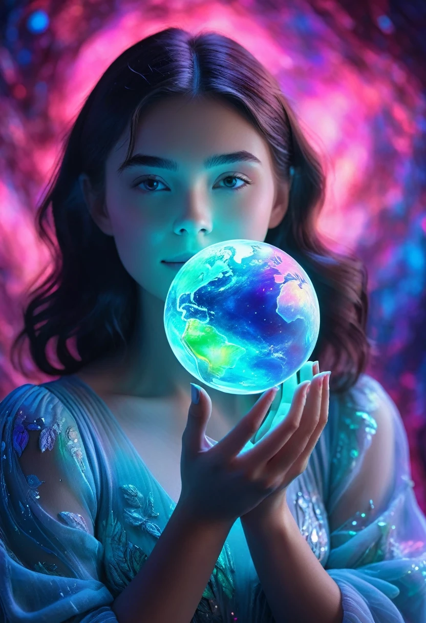 A girl holding a planet in her arms，close up，Glowing fluorescent feeling，Transparency，dream，Monet's color scheme，Texture Matte，high quality，High Definition，Rose red，blue，Neon light，Space Background