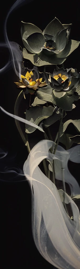 (masterpiece, best quality, 8k, sharp focus, depth of field, best shadows, perfect lights, HDR, (ultra-detailed background, detailed), (((Buddhist art))), ( black background), (((only has lotus and smoke in picture))), (transparent lotus), (light smoke)