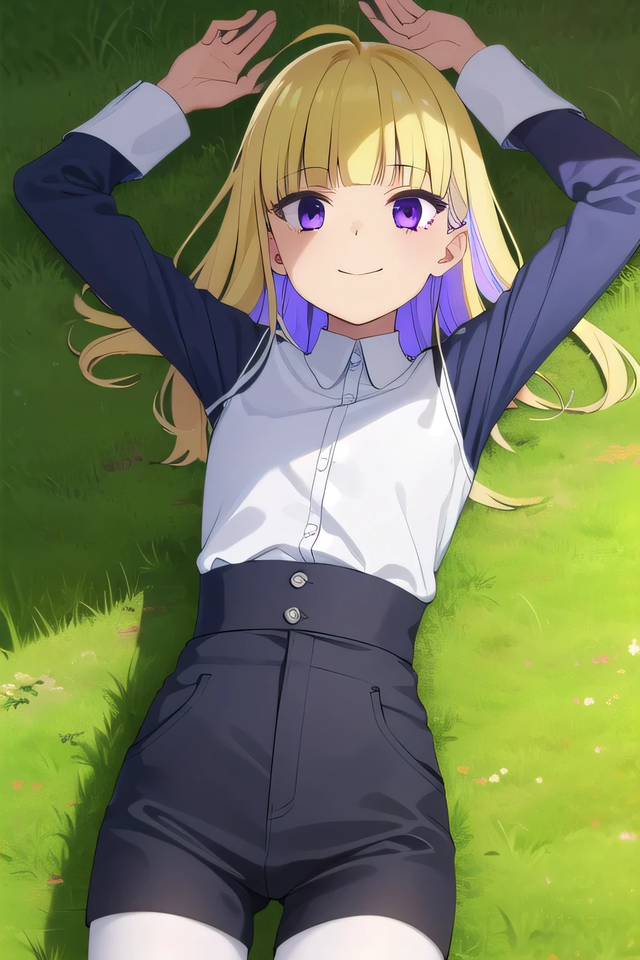 reimiitsushiro, long hair, bangs, blonde hair, (purple eyes:1.1), purple hair, ahoge, multicolored hair, blunt bangs, two-tone hair, smile,
BREAK black shorts, white undershirt , pantyhose, sleeveless, high quality, solo, lying, on back, arms up, spread arms, closed mouth, on grass, (cowboy shot:1.5), looking at viewer, smile, best quality
BREAK (masterpiece:1.2), best quality, high resolution, unity 8k wallpaper, (illustration:0.8), (beautiful detailed eyes:1.6), extremely detailed face, perfect lighting, extremely detailed CG, (perfect hands, perfect anatomy),